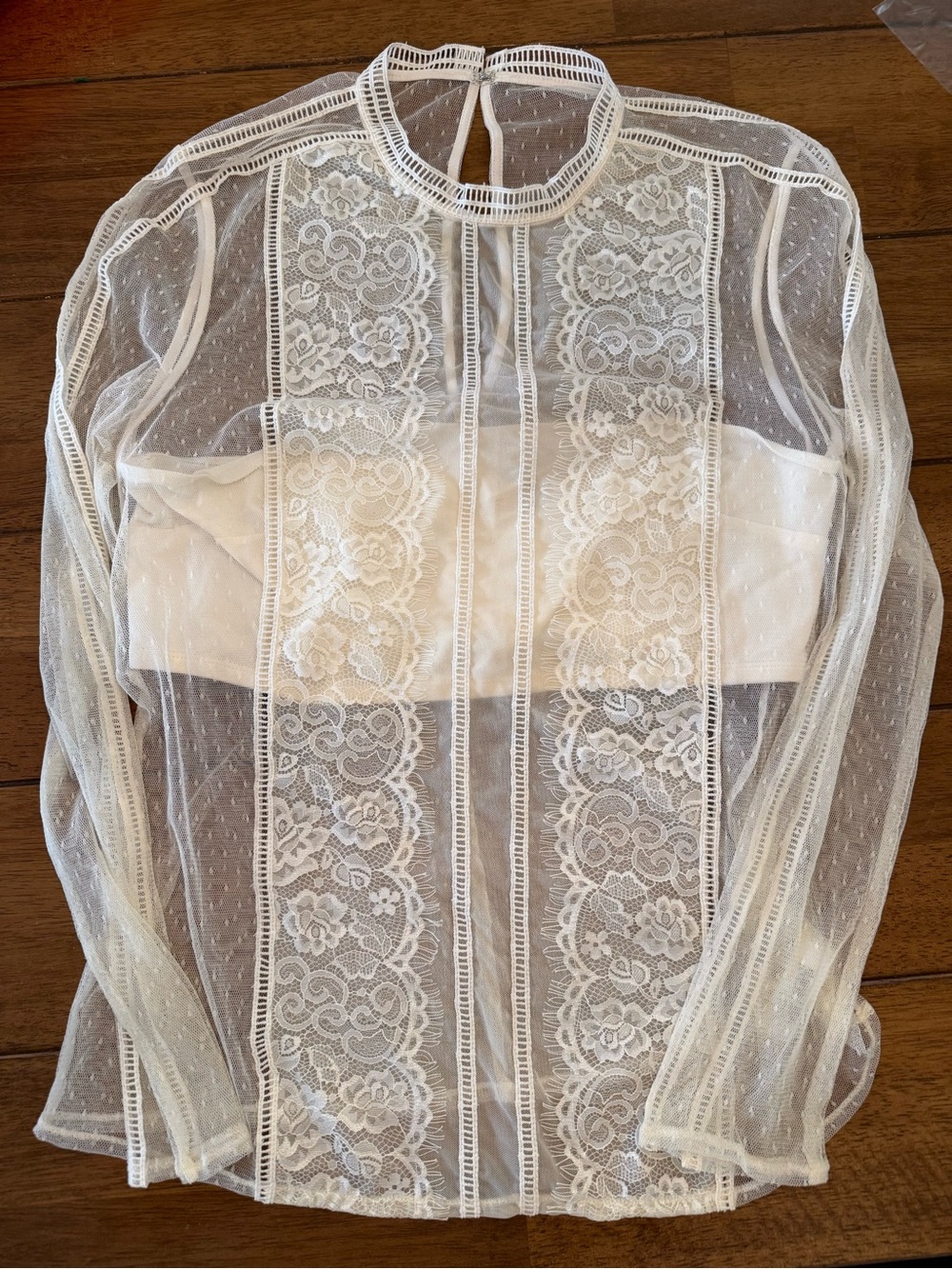 Express size M Vintage-style sheer off white lace and mesh mock neck blouse